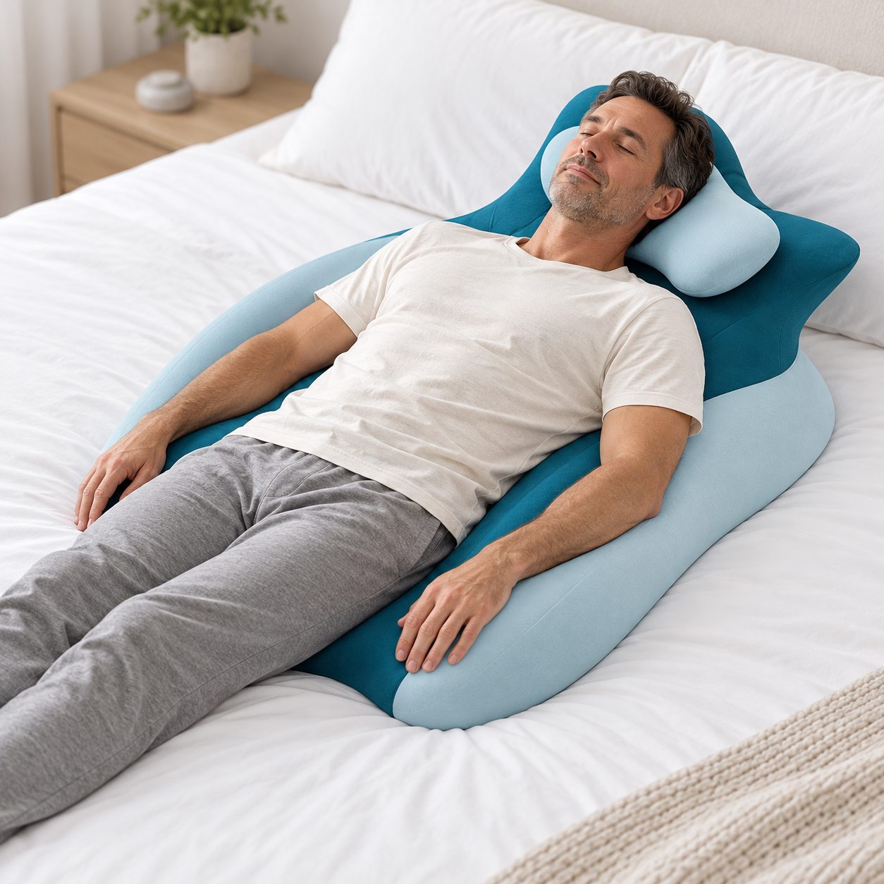 Pessoa descansando com apoio ergonômico azul
